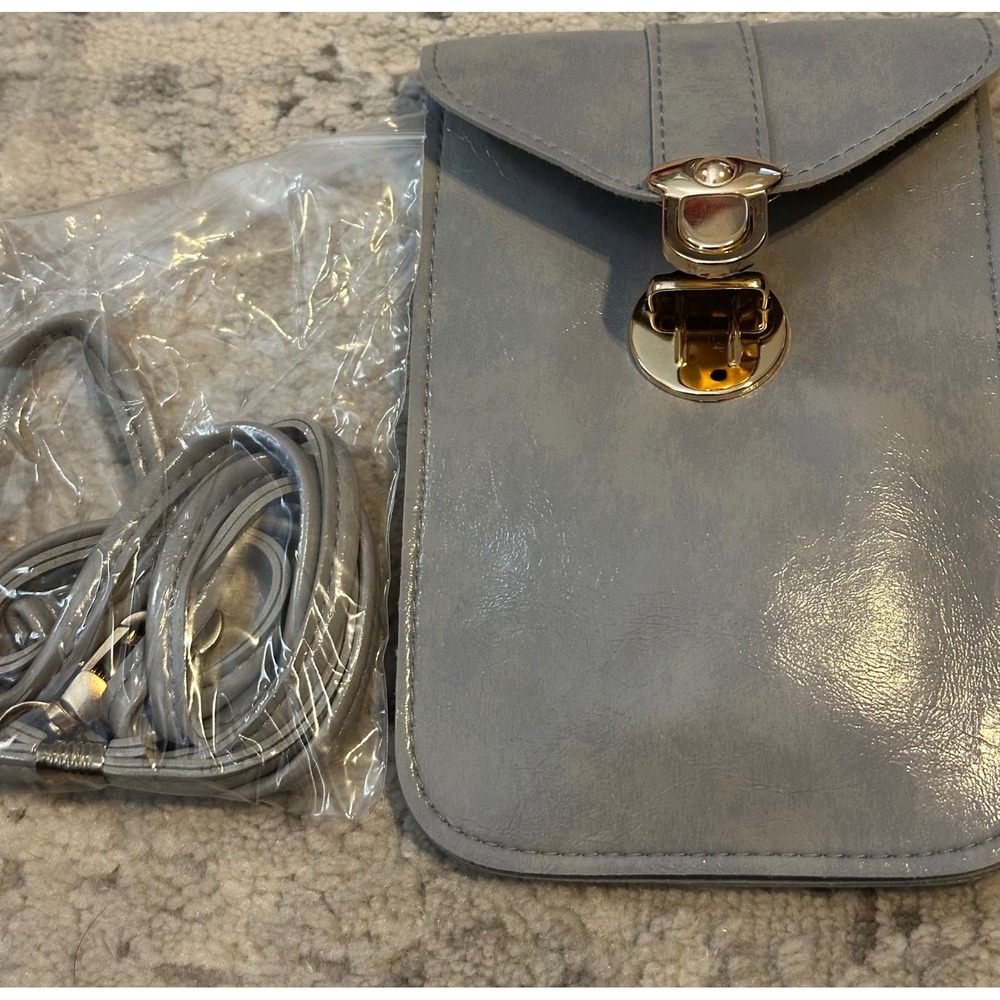 Gray Leather Cell Phone‎ Crossbody Bag with Gold Clasp and Clear Window Back